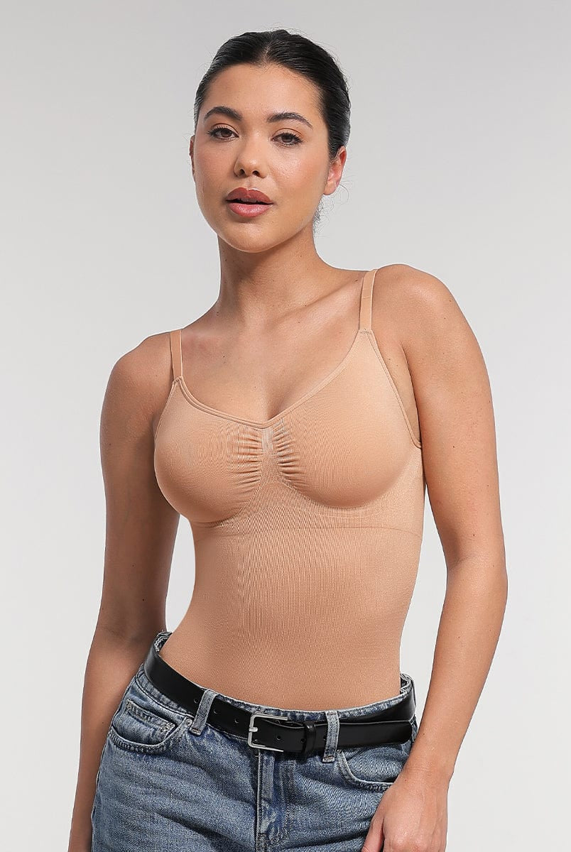 Ultimate Seamless Bra-Free Cami Tummy Control Thong Bodysuit with Removable Pads