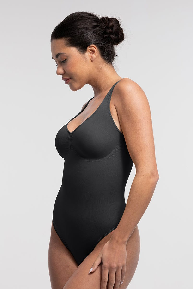 Seamless Diamond Neckline Bust Support Waist Abdomen Control Thong Bodysuit