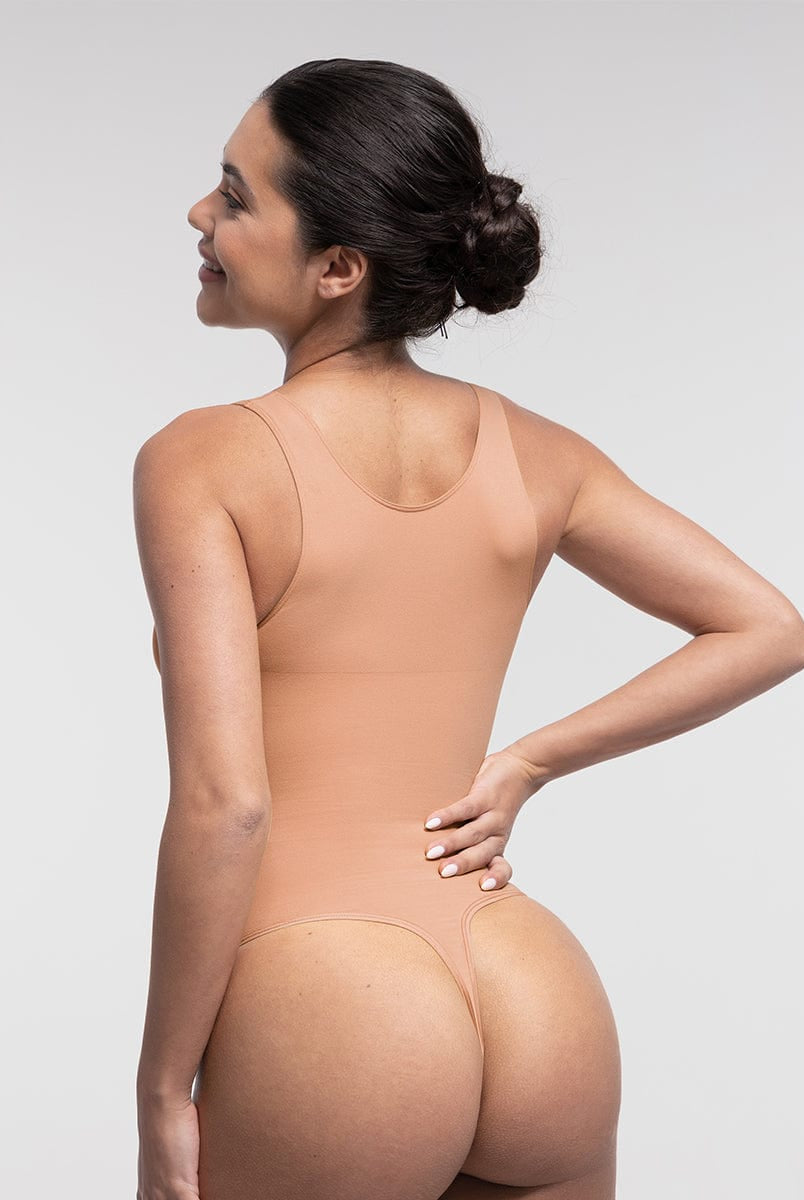 Seamless Diamond Neckline Bust Support Waist Abdomen Control Thong Bodysuit