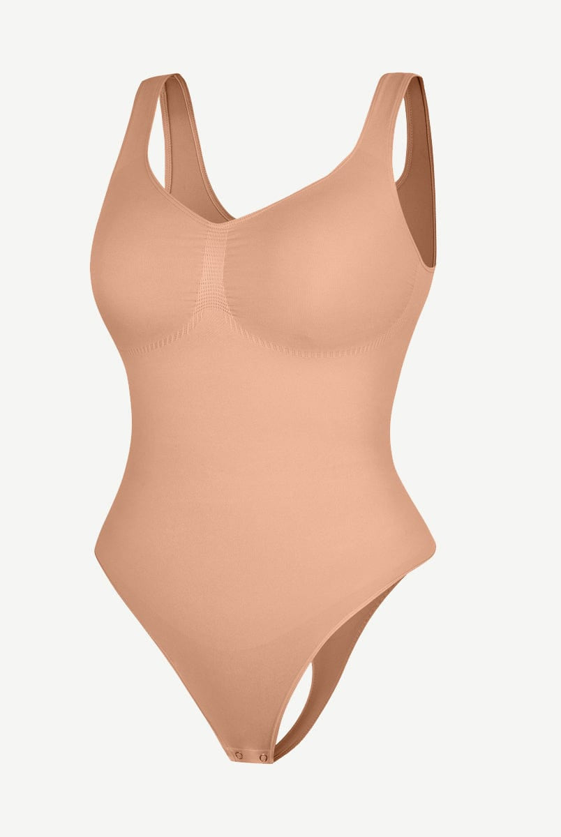 Seamless Diamond Neckline Bust Support Waist Abdomen Control Thong Bodysuit