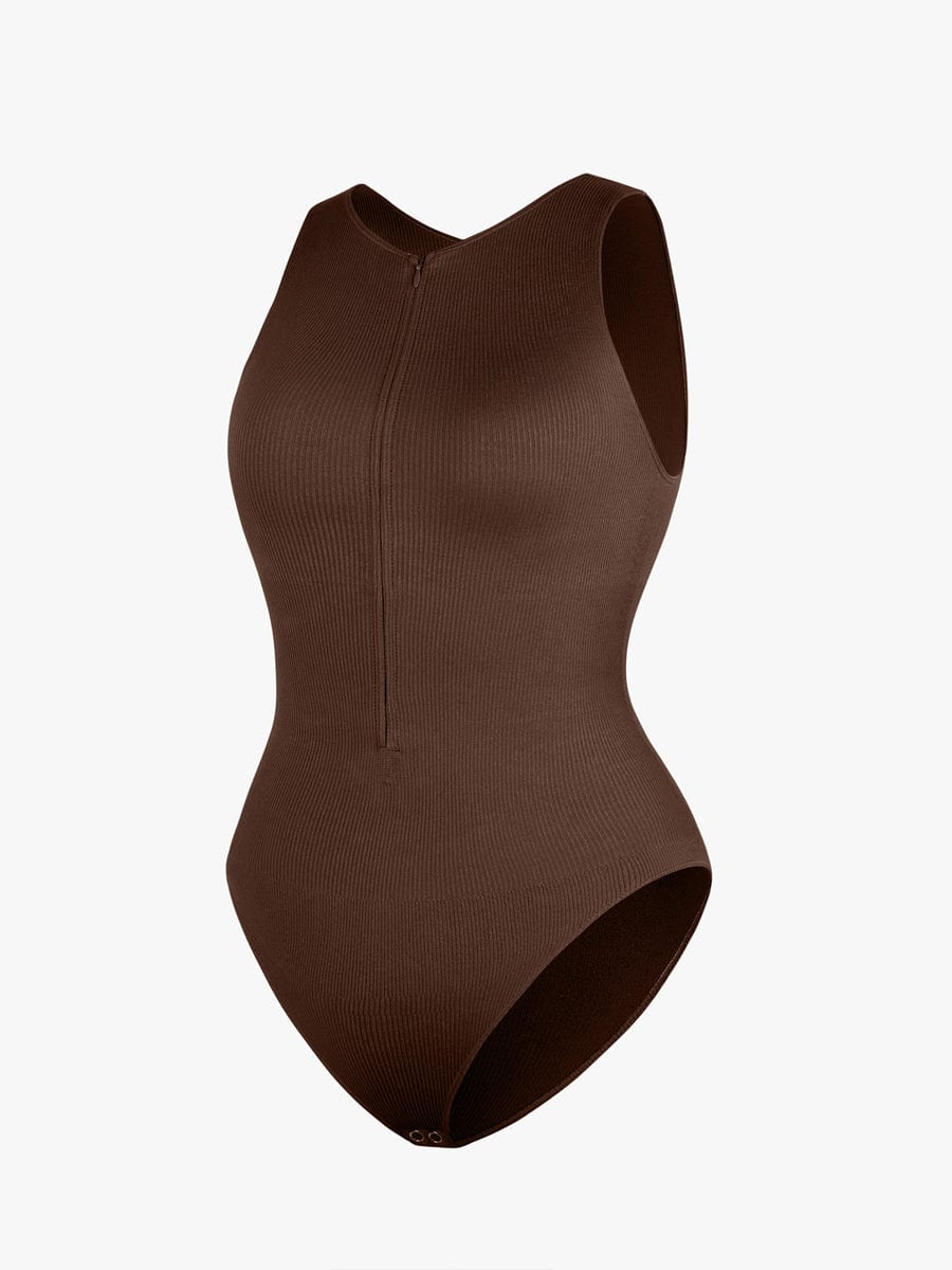 Seamless Ribbed Zip-Front Sleeveless Bodysuit: Ultimate Comfort & Style Shaper
