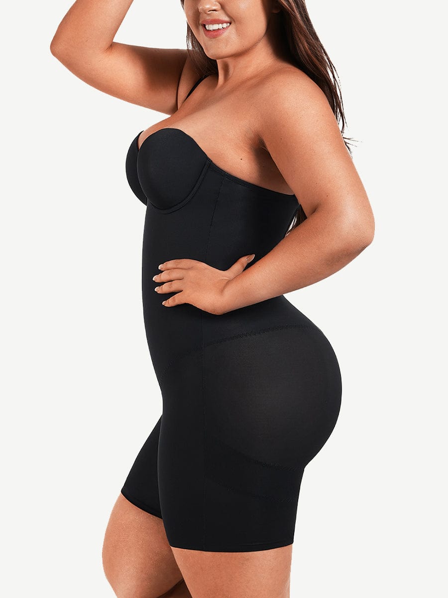 Seamless Sculpting Mid-Thigh Tummy Control Bodysuit with Underwire Push-Up Bra
