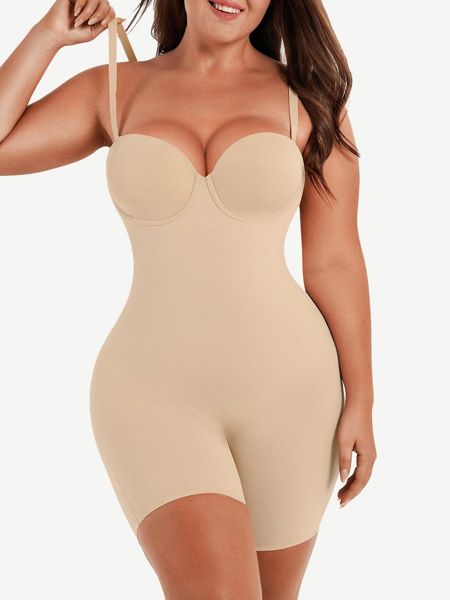 Seamless Sculpting Mid-Thigh Tummy Control Bodysuit with Underwire Push-Up Bra