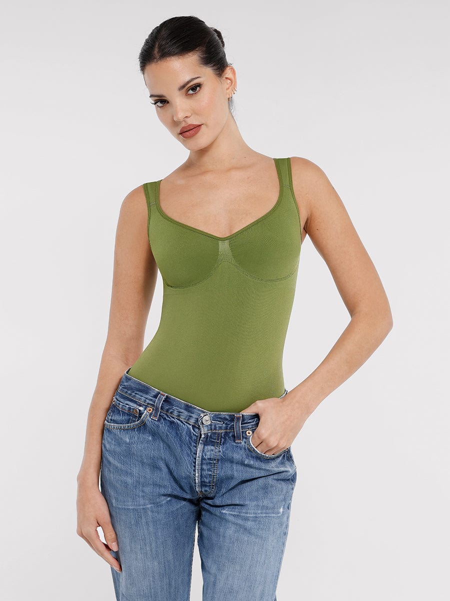 Seamless Diamond Neck Bust Support Waist Control Thong Bodysuit