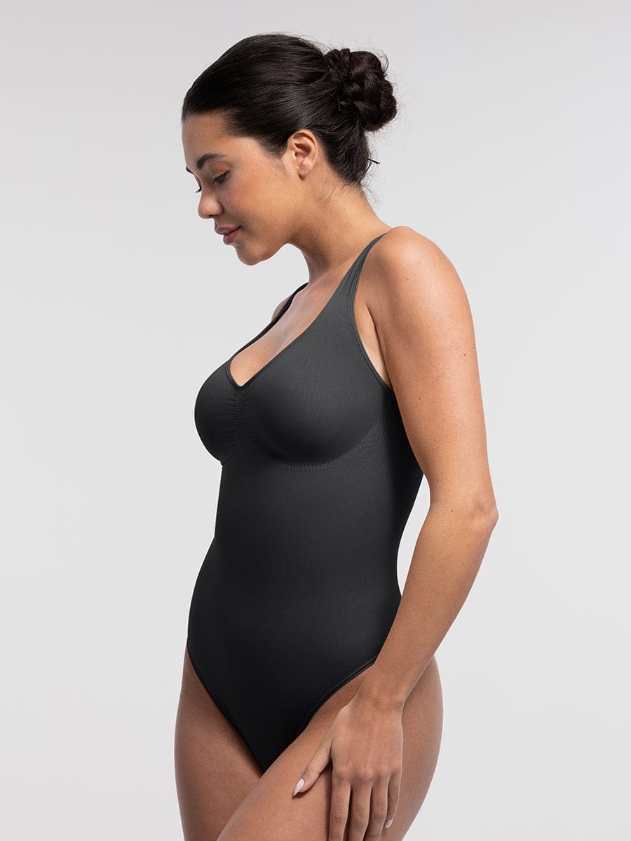 Seamless Diamond Neckline Bust Support Waist Abdomen Control Thong Bodysuit