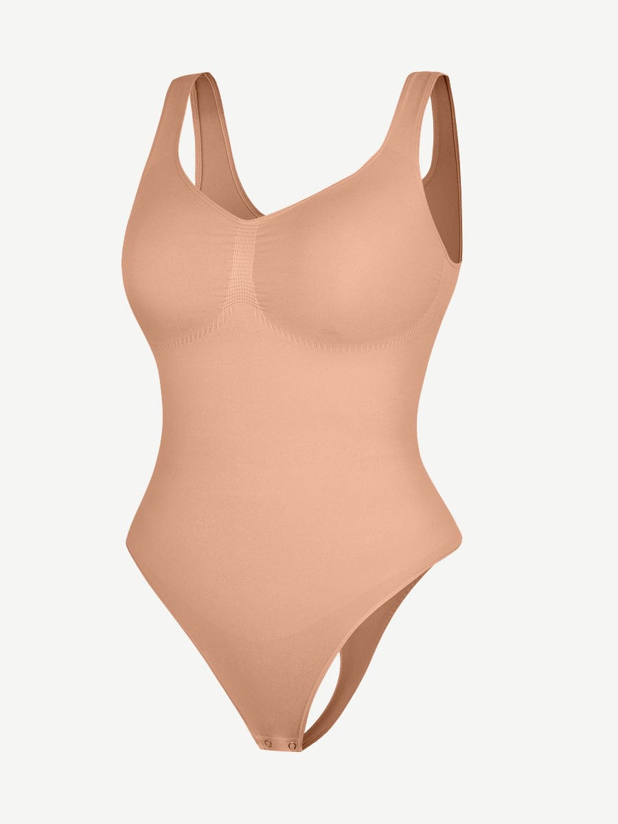 Seamless Diamond Neckline Bust Support Waist Abdomen Control Thong Bodysuit