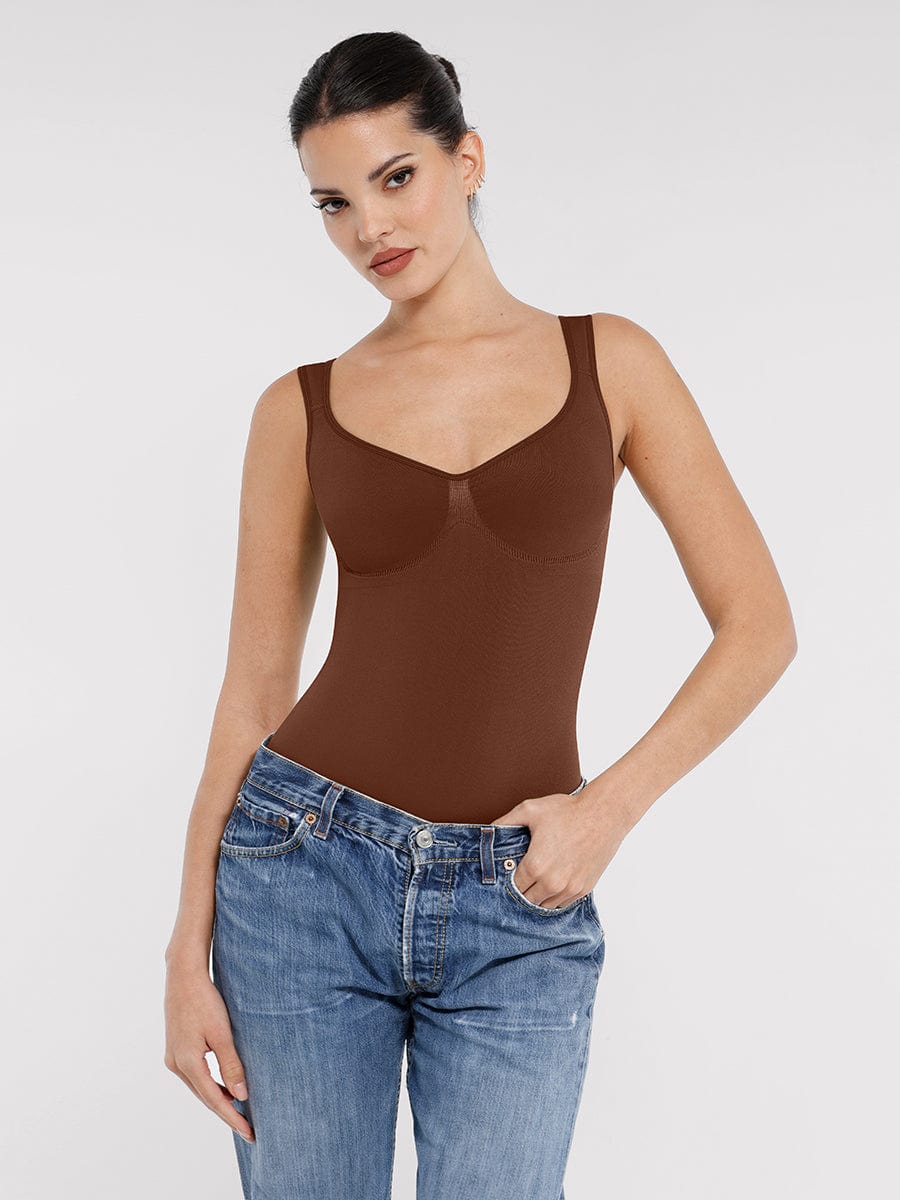 Seamless Diamond Neck Bust Support Waist Control Thong Bodysuit