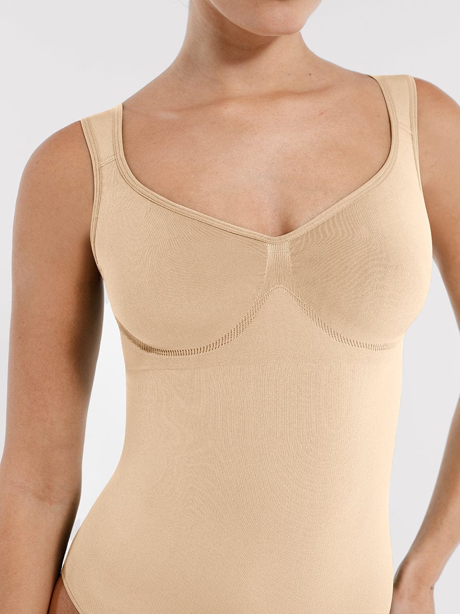 Seamless Diamond Neck Bust Support Waist Control Thong Bodysuit