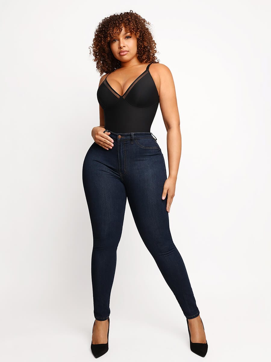 Sculpting Mesh Sheer Deep V-Neck Bodysuit: Flattering Control Undergarment Shapewear