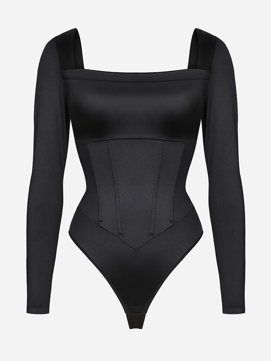 Retro Square Neck Tummy Control Bodysuit with Built-in Corset & Removable Pads
